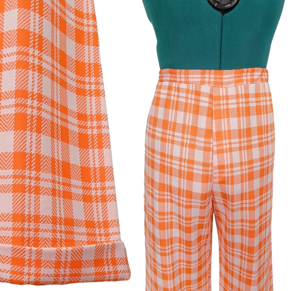 1970s High Waisted Vintage BellBottoms Flares Pants Orange Plaid Medium Trousers - Picture 3 of 6
